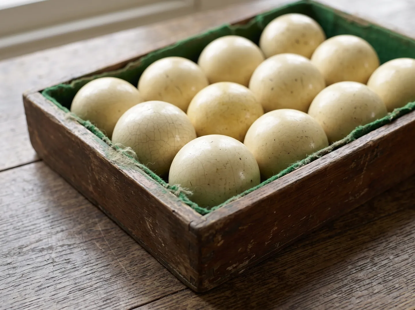 A set of old cream-coloured billiard balls with fine cracks resting in a worn wooden box lined with green baize