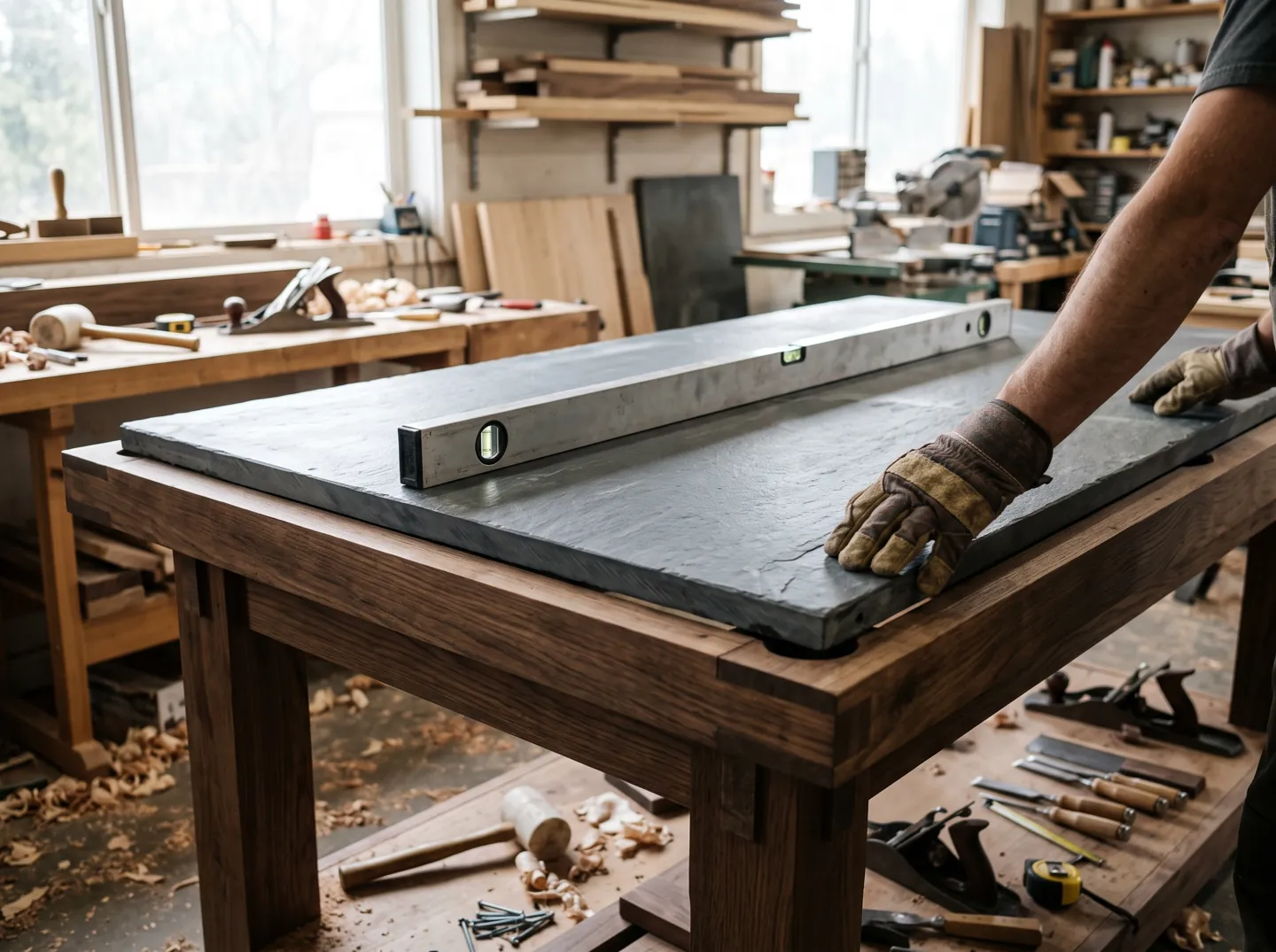 A thick grey slate slab being laid on the wooden frame of a billiard table in a workshop, with a spirit level on top