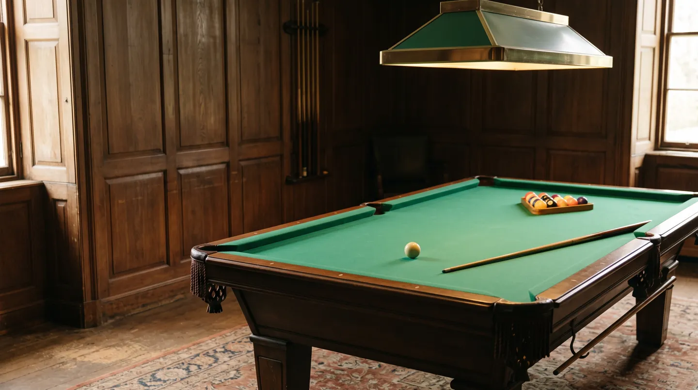 A pool table with green cloth under a low hanging lamp in a quiet wood-panelled room, the balls racked in a triangle at the far end